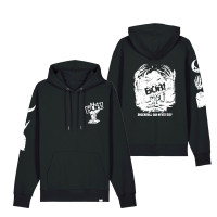 Hoodie - Hand of Rock, schwarz Das Bild zeigt einen schwarzen Hoodie mit weissem Aufdruck. Die Vorderseite zeigt eine Hand mit „BOB!“ Schriftzug, die Rückseite eine Grabstein-Grafik mit „BOB!“ und dem Text „ROCK'N'ROLL CAN NEVER DIE!“. Auch der rechte Ärmel ist bedruckt.
