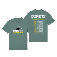 Donots T-Shirt - Circle Pit Summer 2025, grün Grünes T-Shirt mit weiss, schwarz, gelbem Frontaufdruck „DONOTS – Circle Pit Summer“ und dem Sänger Info der einen Sprung macht. Auf der Rückseite steht eine Liste der Tourdaten 2025 unter dem gleichen Schriftzug.