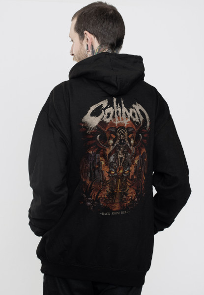 Schwarzer Hoodie mit Brust-Logo und großem "Back From Hell" Artwork Perint auf dem Rücken.