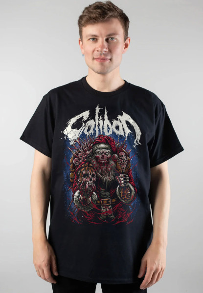 Schwarzes T-Shirt mit "Evil Santa" Frontprint in rot und blau.