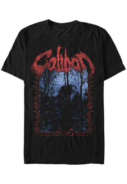 Schwarzes T-Shirt mit mystischem Frontprint und rotem "Caliban" Schriftzug.