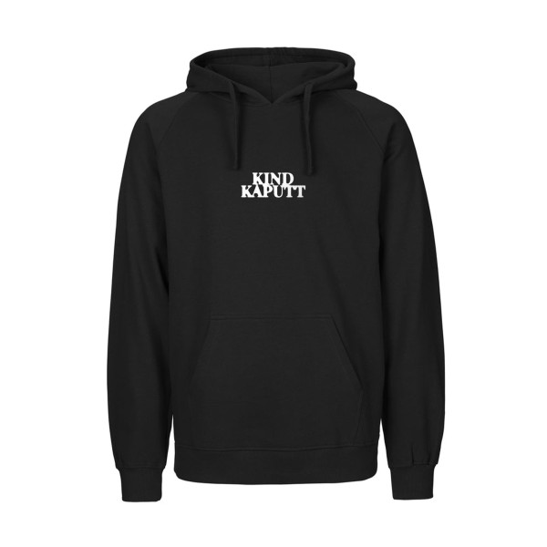 Das Bild zeigt einen schwarzen Kapuzenpullover mit Kängurutasche und schwarzen Kordeln. Auf der Brust ist in weißen Großbuchstaben, ca. 13cm breit, der Schriftzug „KIND KAPUTT“ aufgedruckt.