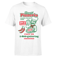 Donots T-Shirt - Pizzeria Weißes T-Shirt mit einem bunten Aufdruck im Stil einer Pizzeria-Werbung. Zu sehen ist ein Pizzabäcker, eine Pizza, zwei Chilischoten und Texte wie „Donots' Pizzeria“, „Hot & Fresh“ und „1-800-gutertag IBBENBÜREN“.