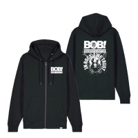 Zipper - In Rock We Trust, schwarz Das Bild zeigt einen schwarzen Zip-Hoodie mit weißem Aufdruck. Vorne steht „BOB! ROCKBOTSCHAFTER“. Auf dem Rücken ist eine E-Gitarre mit dem Schriftzug „IN ROCK WE TRUST“ und „BOB! ROCKBOTSCHAFTER“ darüber abgebildet.