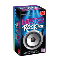 Hitster - RADIO BOB! Verpackung des Spiels „Hitster Rock“ mit Lautsprecherbild, Neon-Schriftzug und dem Zusatz „Das Spiel mit den ultimativen Rock-Hits!“. Oben steht: „Lege deinen Musik-Zeitstrahl und rocke los!“. Marke: Jumbo, mit BOB! Logo.