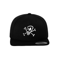 Donots Snapback Cap - Skull, schwarz Schwarze Snapback-Cap mit gesticktem, weißen Totenkopf-Design auf der Vorderseite. Der Totenkopf hat ein Comic-Stil mit gekreuzten Knochen und einem leicht verzerrten Gesichtsausdruck.
