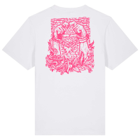 Unisex-Shirt - Bonnie Ton, white (pink-print) Das Bild zeigt die Rückseite eines weißen T-Shirt mit einem großen pinkfarbenen Aufdruck auf der Rückseite. Der Druck zeigt zwei gefesselte Hände vor einer Mauer, umgeben von Blättern und Flammenmotiven.