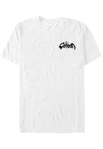 Weisses T-Shirt mit "Caliban" Brust-Logo und großem "Endless Suffering"-Schriftzug auf dem Rücken.