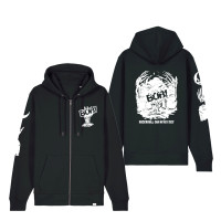 Zipper - Hand of Rock, schwarz Das Bild zeigt einen schwarzen Zip-Hoodie mit weissem Aufdruck. Die Vorderseite zeigt eine Hand mit „BOB!“ Schriftzug, die Rückseite eine Grabstein-Grafik mit „BOB!“ und dem Text „ROCK'N'ROLL CAN NEVER DIE!“. Auch der rechte Ärmel ist bedruckt.