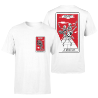 T-Shirt - Blumen, weiss Weißes T-Shirt mit schwarz, rotem Print: vorne ein stilisierter Blumenstrauss mit „Liedfett – Alles wird gut.“ Hinten zwei Skelette auf einem Weg. Eins mit Gitarre, eins mit Blumenstrauß – unter der Aufschrift „Liedfett“, darunter „Alles wird gut"