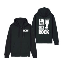 Zipper - Ausrufezeichen für Rock, schwarz Das Bild zeigt einen schwarzen Zip-Hoodie mit Kapuze. Vorne links ist das weiße Logo „BOB! Radio“ zu sehen. Auf dem Rücken steht groß in Weiß: „EIN AUS RUFE ZEICHEN FÜR ROCK“ mit einem stilisierten Ausrufezeichen und BOB!-Logo.